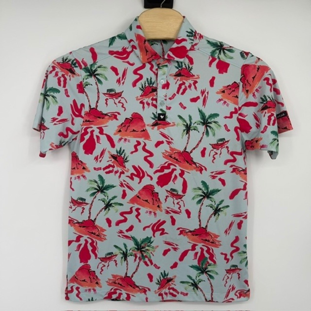 Bad Birdie Men's Medium Tropical Island Print Performance Golf Polo Shirt